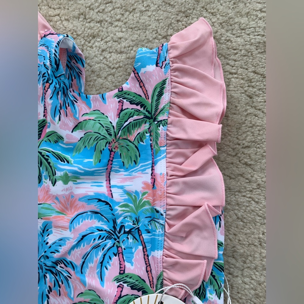 Caden Lane NWT Size 6-12 Months Ocean Pearl Ruffle Palm Tree One Piece Swimsuit - Picture 4 of 7